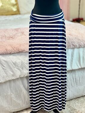 Navy White Striped Maxi Skirt Foldover Waist Stretch Casual S